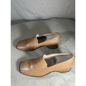 MARC Womens EU 37 US 6.5‎ Tan Leather Slip On Square Toe Loafer Block Heel Shoes